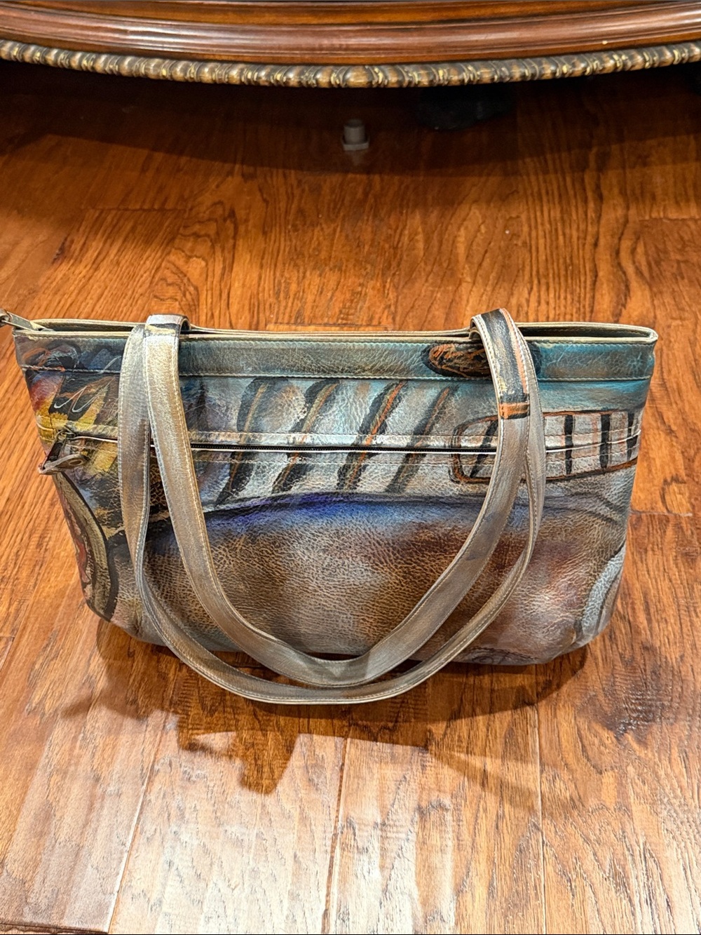 Jane Yoo Signed Hand-Painted Multi-Color Leather Shoulder Bag